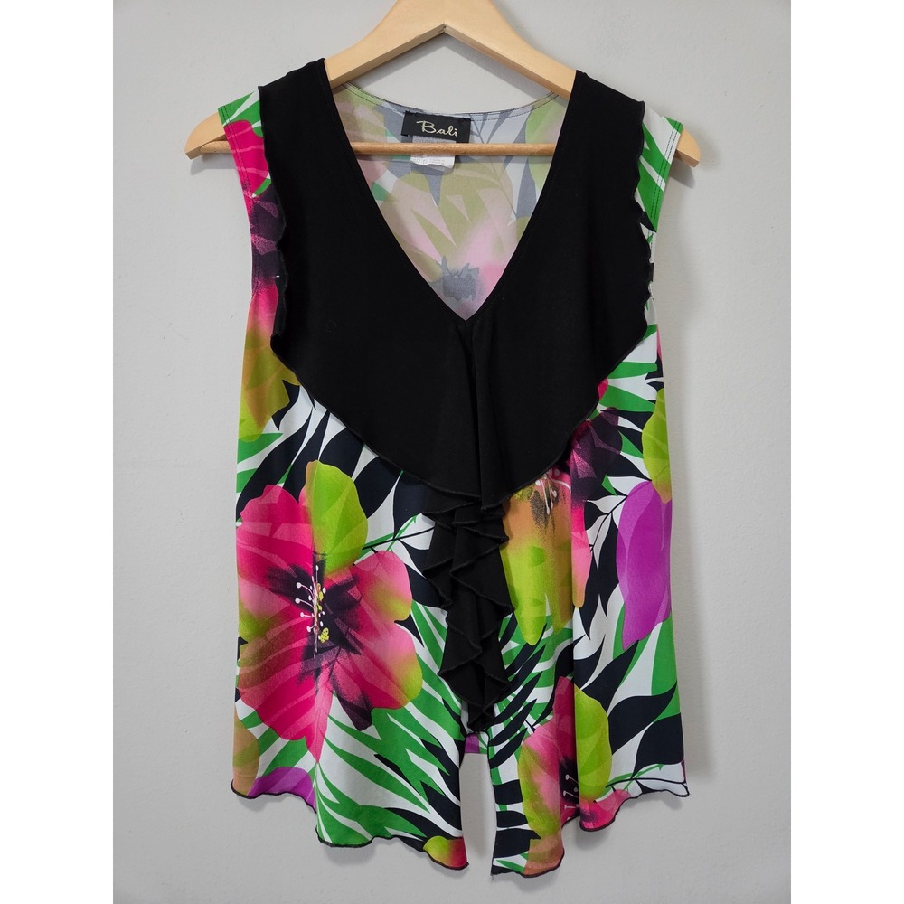 Bali Tropical Floral Ruffle V-Neck Sleeveless Top Multicolor Size S/L 5313